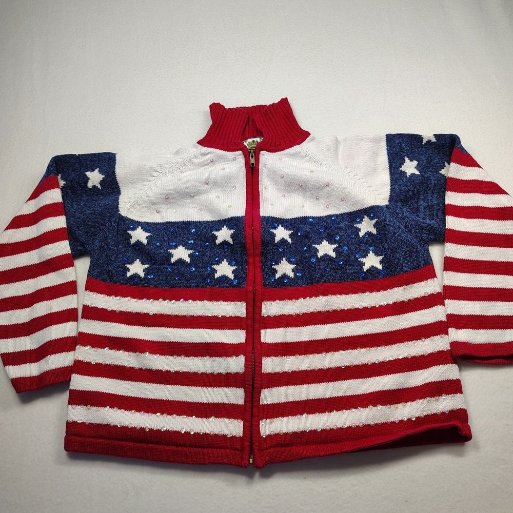 Vtg Tiara International American Flag Sequin Zip Up Cardigan Sweater‎ XL - Picture 10 of 13